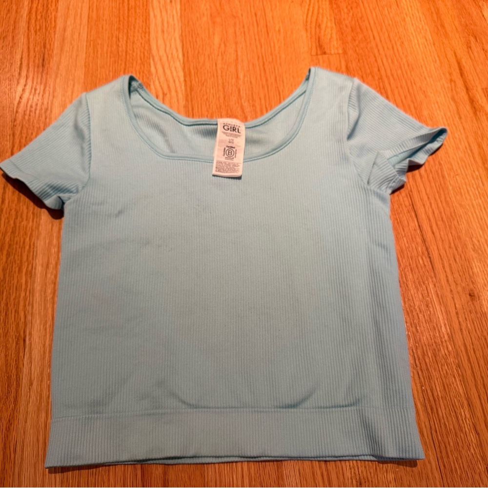 Athleta Girl Light Blue Ribbed Rise Above Rib Crop Tee